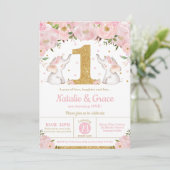 花のゾウの双子ちゃん 1歳の誕生日パーティー 招待状 (スタンド正面)