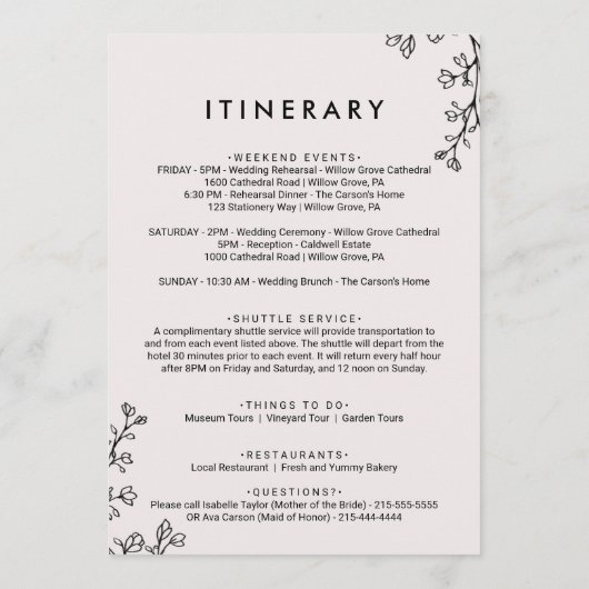 花のタイポグラフィーウェルカムレター＆旅程 プログラム (裏面)
