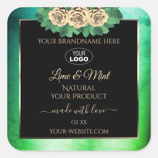 花のターコイズグリーン大理石ブラック製品ラベルロゴ スクエアシール (正面)