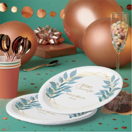 花のターコイズブルーとゴールド ペーパープレート