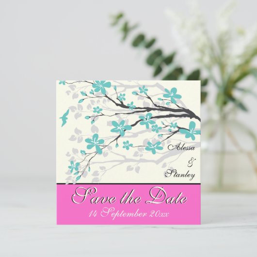 花のターコイズ、ホットピンクの結婚式日付を保存 招待状 (スタンド正面)