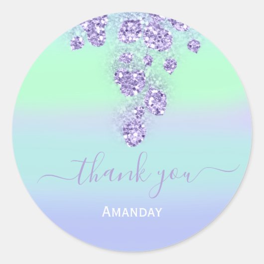 花のダスティーブルーのグリッター ブライダル ネーム スウィート16 ラウンドシール (正面)
