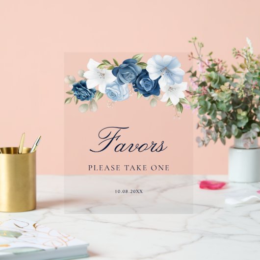 花のダスティーブルーのブライダルシャワープレゼント アクリルサイン (ウェディング)