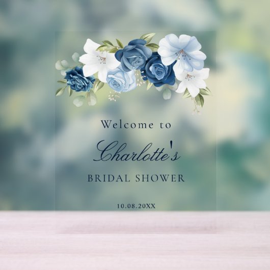 花のダスティーブルー スクリプト ブライダルシャワー アクリルサイン (ニュートラル)