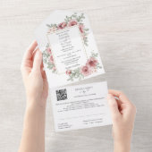 花のダスティーローズゴールド幾何学QRコード結婚式 オールインワン招待状 (貼ってはがせる)