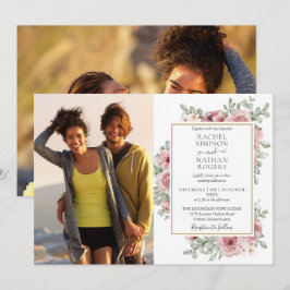 花のダスティーローズゴールド2枚の写真の結婚式 招待状