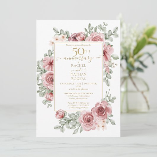 花のダスティーローズ 50周年 ゴールデンウェディングアニバーサリー 招待状 (スタンド正面)
