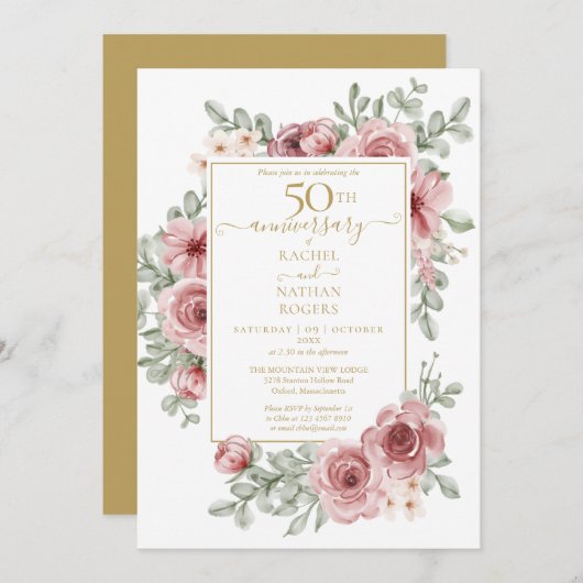 花のダスティーローズ 50周年 ゴールデンウェディングアニバーサリー 招待状 (正面/裏面)