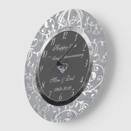 花のダマスク織のダイヤモンド第50の結婚記念日 ラージ壁時計 (傾斜)