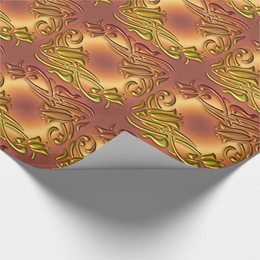 花のダマスク織の金パターン ラッピングペーパー (角)