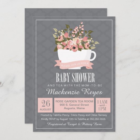 花のティーカップのベビーシャワーの招待状、お茶会 招待状 (正面/裏面)