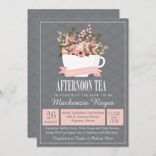 花のティーカップの午後のお茶のベビーかブライダルシャワー 招待状 (正面/裏面)