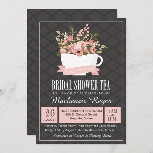 花のティーカップ ブライダルシャワーティーの招待状 招待状 (正面/裏面)