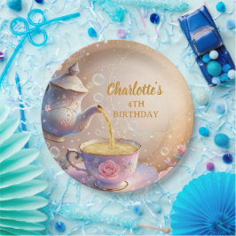 花のティーカップ&ポット - パステルエレガントなティーパーティー ペーパープレート