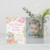 花のティーパーティー誕生日写真 招待状 (スタンド正面)