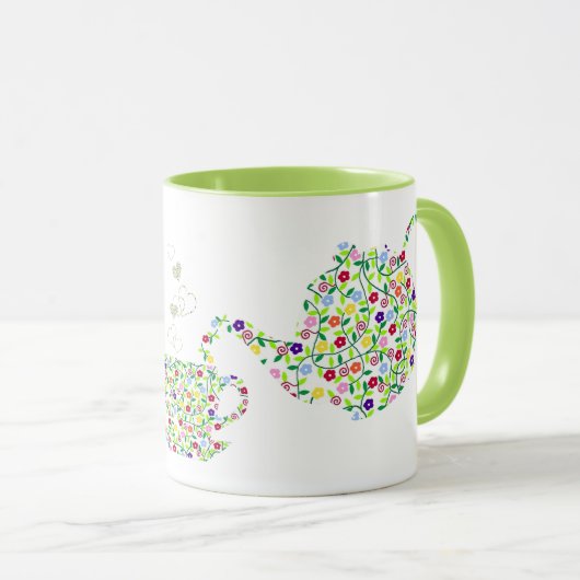 花のティーポットのマグのデザインの緑 マグカップ (正面右)