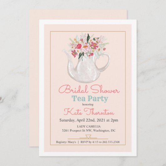 花のティーポット Tea Party 花嫁のシャワー 招待状 (正面/裏面)