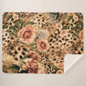 花のテクスチスタイリッシュャ付きヒョウ柄プリント シェルパブランケット (正面(横))