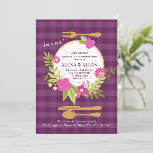 花のテーブルの設定のリハーサルの夕食の招待状 招待状 (スタンド正面)