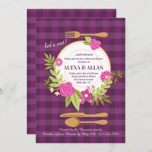 花のテーブルの設定のリハーサルの夕食の招待状 招待状 (正面/裏面)