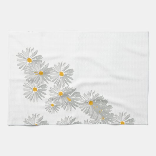 花のデイジーの白ミニマルい模様 キッチンタオル (横)