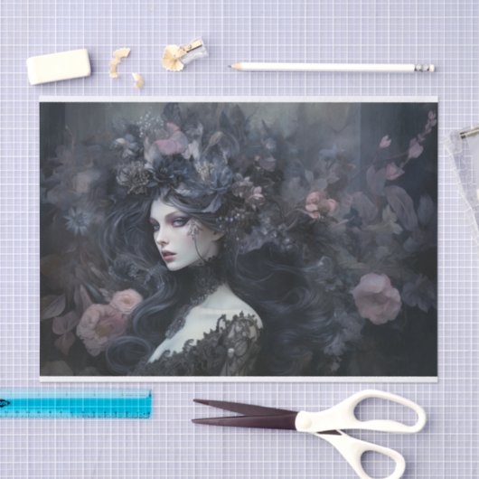 花のデコパージュを施した美しい女性 ゴシックの女王 薄葉紙 (クラフト)