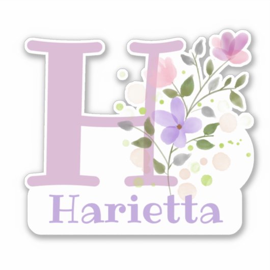 花のデザインが入ったHariettaイニシャル名入り シール (正面)