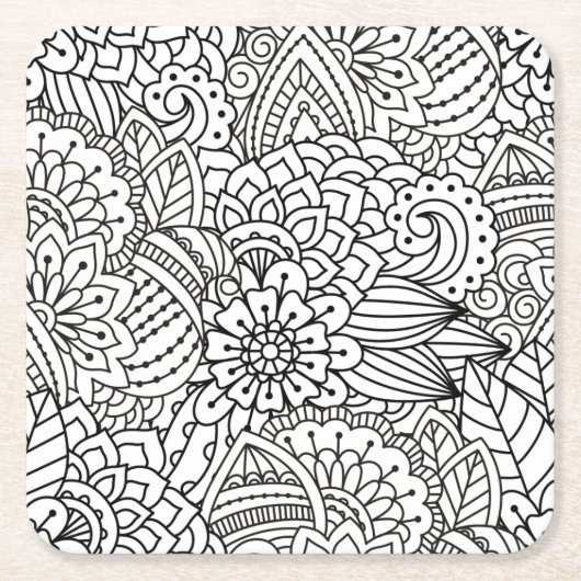 花のデザインの落書き スクエアペーパーコースター (正面)