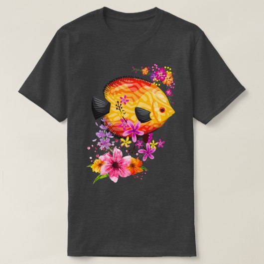 花のデザインを持つ熱帯カラフルのジスカス魚 Tシャツ (デザイン正面)