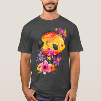 花のデザインを持つ熱帯カラフルのジスカス魚 Tシャツ