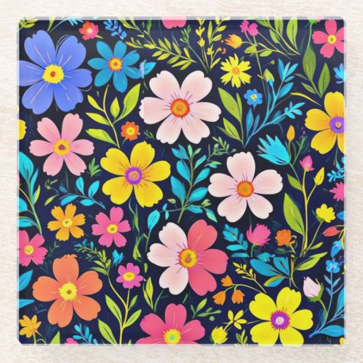 花のデジタルペイント 花のパターン-38875 ガラスコースター (正面)