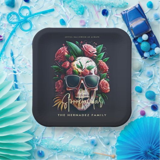 花のドクロ ファブールーサスポークタキュラー ファミリー ネーム ペーパープレート (パーティー)