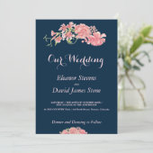 花のネイビーとブッシュの結婚式の編集可能なスクリプト 招待状 (スタンド正面)