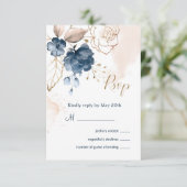 花のネイビーブルーとゴールドの結婚式返信 招待状 (スタンド正面)