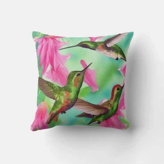 花のハチドリの水色の喜び クッション (裏面)