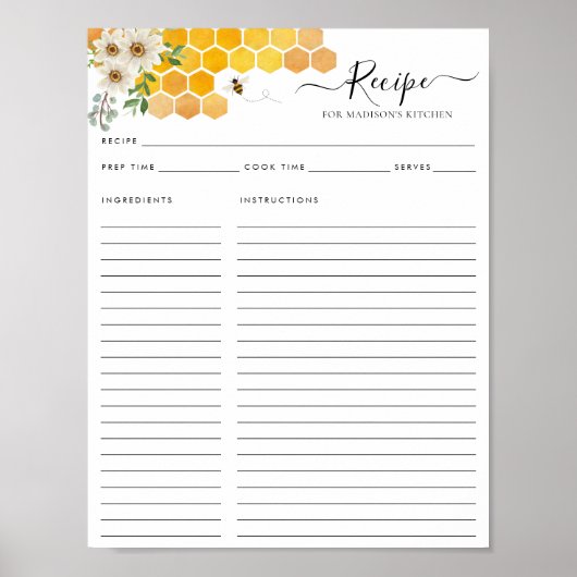 花のハニカムミツバチ レシピカード ポスター (正面)