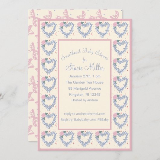 花のハートと弓ピンク赤ちゃんシャワー招待状 招待状 (正面/裏面)
