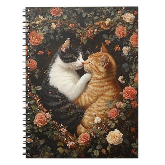 花のハートの中で寄り添うかわいい猫たち ノートブック (正面)