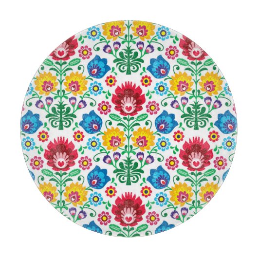 花のハートの民芸パターン カッティングボード (正面)