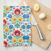花のハートの民芸パターン キッチンタオル (四つ折り)