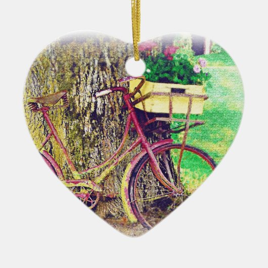 花のバスケットが付いているヴィンテージの自転車 セラミックオーナメント (正面)