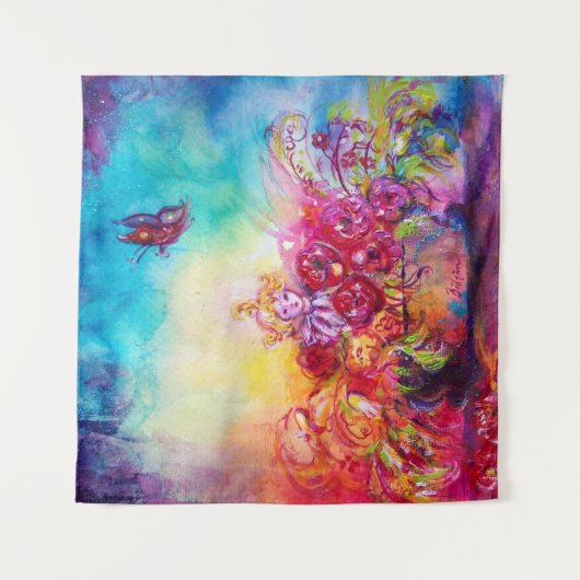 花のバスケットのサムベリーナ、蝶 タペストリー (正面)