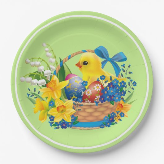 花のバスケットの復活祭の雛パーティー ペーパープレート (正面)