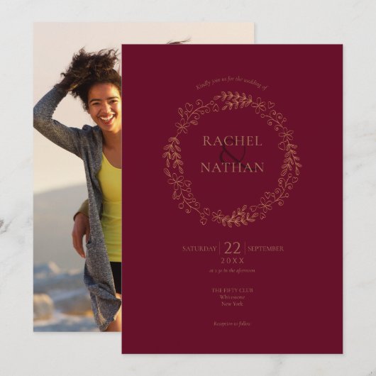 花のバラのラウレルガーランド ウェディング フォト 招待状 (正面/裏面)