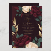花のバラグンディ レッド クリーム ローズ ラグジュアリー ウェディング 招待状 (正面/裏面)