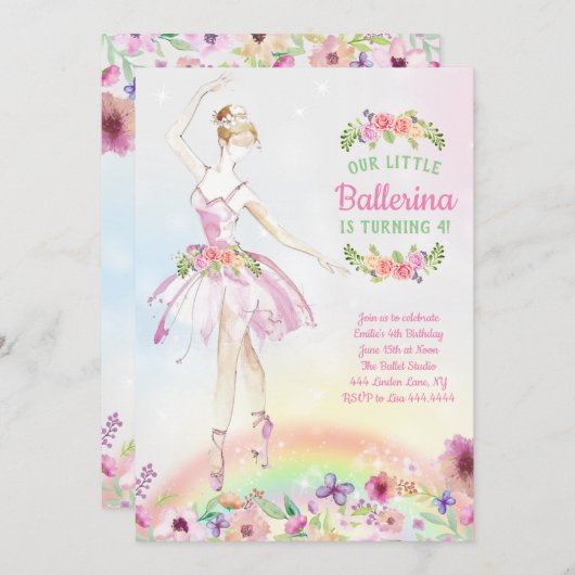 花のバレリーナのバースデーパーティ招待状 招待状 (正面/裏面)