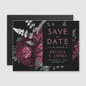 花のバレンタインバーガンディシルバー結婚式のSave the Date マグネット招待状 (正面/裏面)