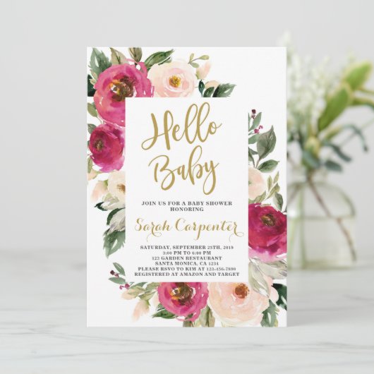 花のバーガンディおよび赤面のベビーシャワーの女の子 招待状 (スタンド正面)