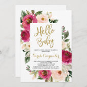 花のバーガンディおよび赤面のベビーシャワーの女の子 招待状 (正面/裏面)