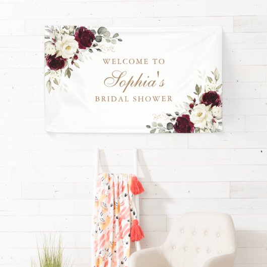 花のバーガンディーと白とグリーンとゴールドのウェディングシャワー 横断幕 (インサイチュ)